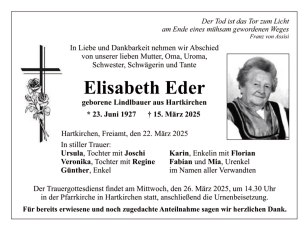 Trachtenverein Hartkirchen trauert um sein letztes Gründungs- und Ehrenmitglied Elisabeth Eder